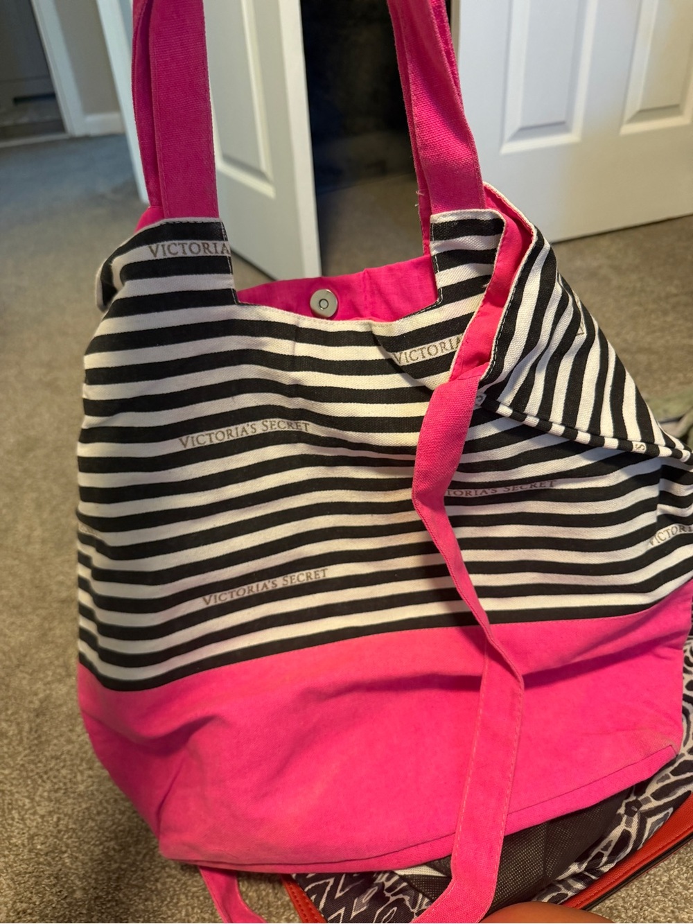Victoria's Secret Pink and Black Striped Canvas Tote